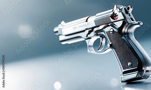 Gleaming steel frame of a firearm with ergonomic grip and sleek design showcased against a neutral background photo