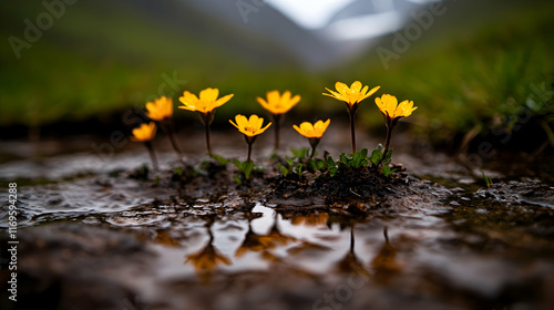 Yellow wildflowers reflected in a mountain puddle.