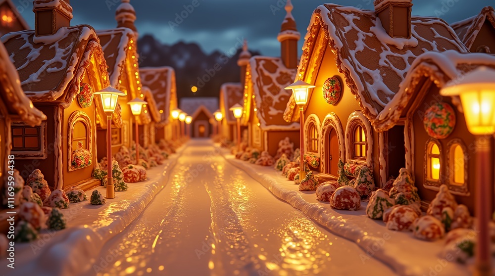 Obraz premium Nighttime gingerbread village with glowing paths