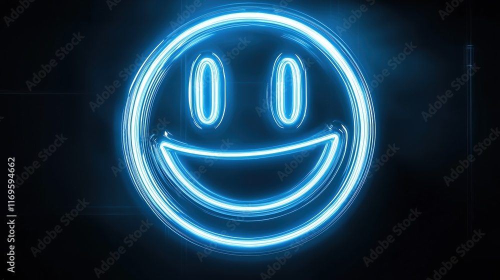 Obraz premium Minimalistic glowing smiley face illustration with neon blue outline against a dark background for modern design inspiration