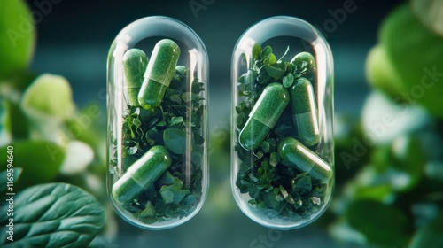 A visually stunning composition of green capsules filled with fresh greens, showcasing the intersection of nature and health, promoting wellness in a vibrant presentation. photo