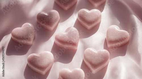 A collection of pink heart-shaped soaps arranged on a soft fabric background. The light reflects softly off their smooth surfaces, creating a gentle aesthetic. photo