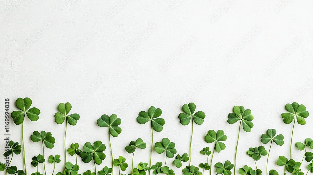 Four clover row on white wall, central green plant Four clover row on white wall, central green plant