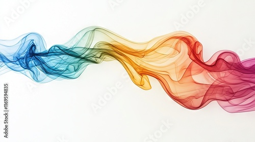   A multicolored wave of smoke on a white background, shaped like a wave