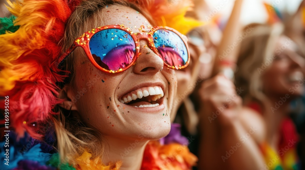 A vibrant scene of a person enjoying a festive celebration, adorned with colorful feathers and sunglasses, showcasing happiness and carefree spirit amongst the crowd. A vibrant scene of a person enjoying a festive celebration, adorned with colorful feathers and sunglasses, showcasing happiness and carefree spirit amongst the crowd.
