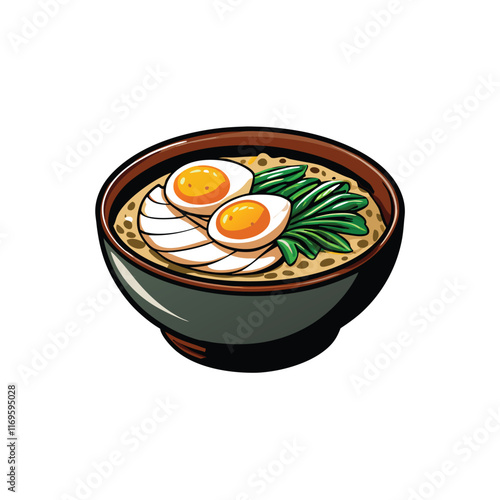 Create a realistic vector illustration of a bowl of silky congee with two soft-boiled eggs and green onions.