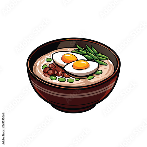 Create a realistic vector illustration of a bowl of silky congee with two poached eggs, green onions, and pea pods.
