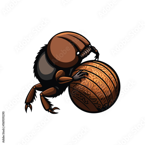 Create a realistic vector illustration of a dung beetle pushing a ball of dung.
