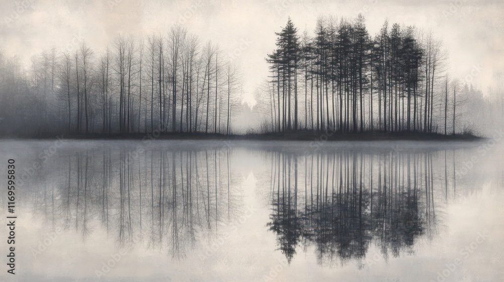 Fototapeta premium Twin Island Trees Reflected In Calm Water