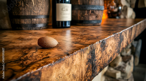 Rustic wood mantel with wine bottle and nut. photo