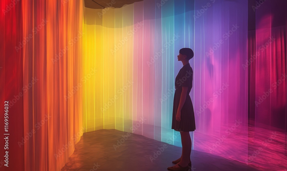 Silhouette stands amidst vibrant, translucent, rainbow curtains. Silhouette stands amidst vibrant, translucent, rainbow curtains.