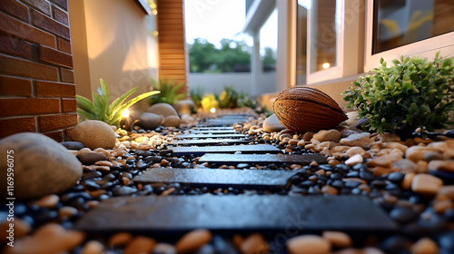 Stone path, garden, pebbles, plants, lights, walkway, outdoor. photo