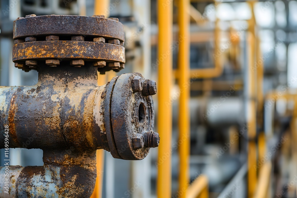 A close up of an intricate weathered pipe with rust marks juxtaposed against the clean smooth lines of modern machinery A close up of an intricate weathered pipe with rust marks juxtaposed against the clean smooth lines of modern machinery