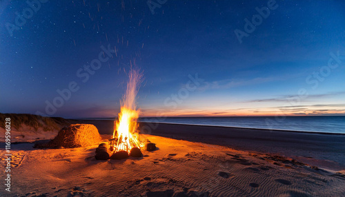 campfire at the sandy seashore at night tversted denmark photo