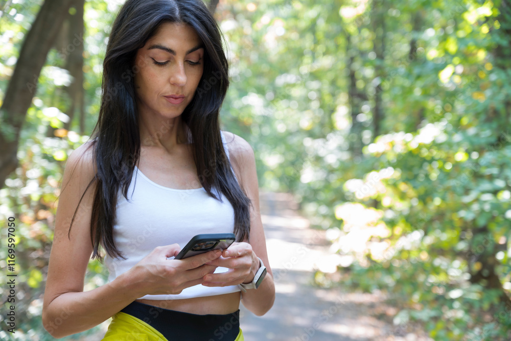 Portrait of beautiful young fit woman looking her phone in the city park Portrait of beautiful young fit woman looking her phone in the city park