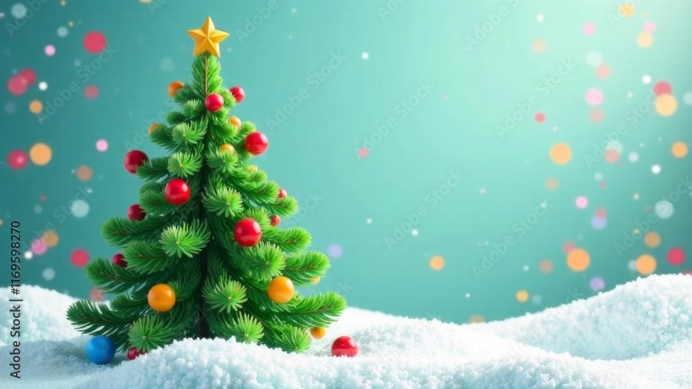 Christmas and New year background with A small Christmas tree with red and yellow ornaments sits on a snowy hill. The tree is surrounded by a blue background, which gives the image a festive and joyfu Christmas and New year background with A small Christmas tree with red and yellow ornaments sits on a snowy hill. The tree is surrounded by a blue background, which gives the image a festive and joyfu