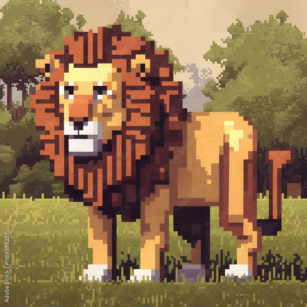 Pixel art of a lion standing in a grassy field with a castle silhouette in the background. Pixel art of a lion standing in a grassy field with a castle silhouette in the background.