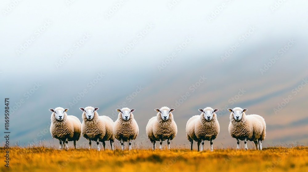 Fototapeta premium Sheep grazing in a green field with a tall hill in the background