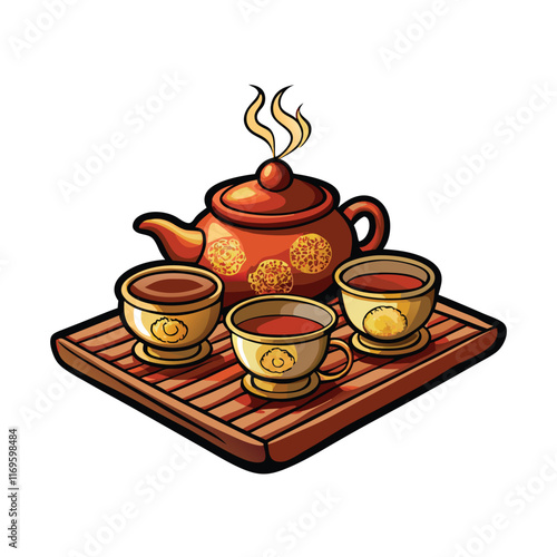 Realistic vector illustration of a Chinese tea set with a teapot, three cups, and a wooden tray.