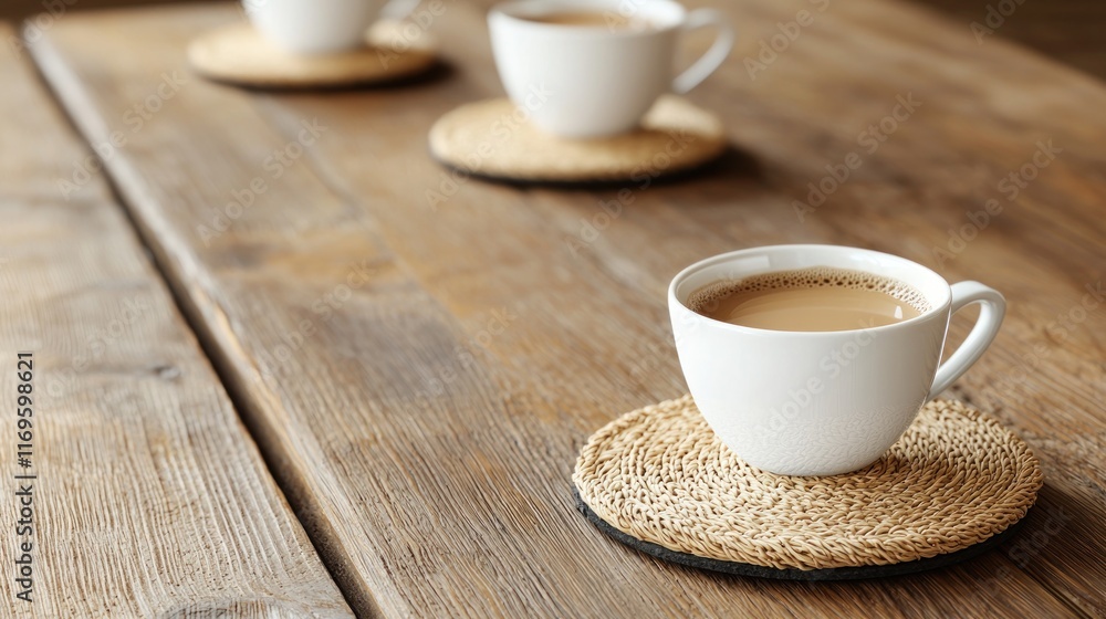 Three cups of coffee on coasters atop a wooden table. Three cups of coffee on coasters atop a wooden table.