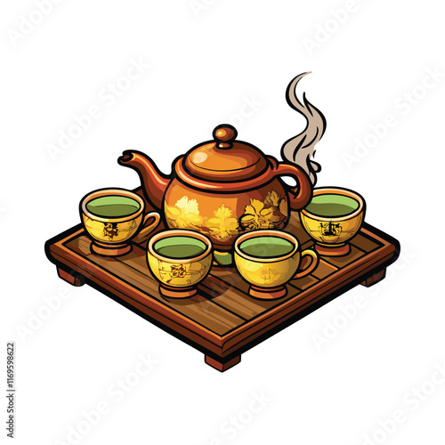 Generate a realistic vector illustration of a traditional Chinese tea set with a teapot, four cups, and a wooden tray, with steam rising from the teapot.