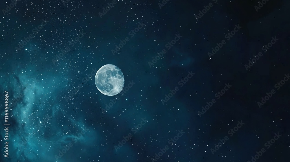 Fototapeta premium A full moon in the foreground surrounded by stars in the dark blue background sky