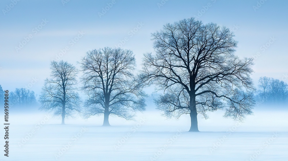 A snow-covered field with trees standing in the middle, surrounded by a hazy sky A snow-covered field with trees standing in the middle, surrounded by a hazy sky
