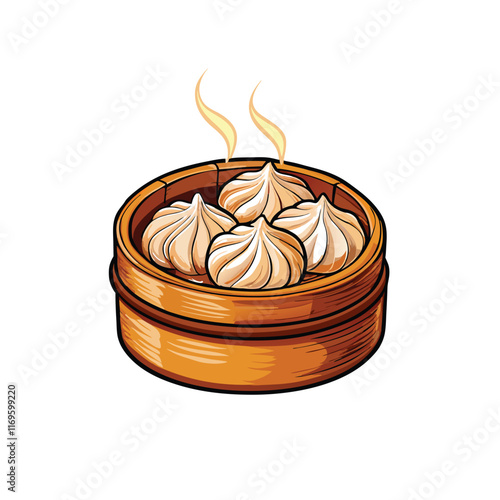 A realistic vector illustration of a bamboo steamer with four steaming xiaolongbao dumplings.