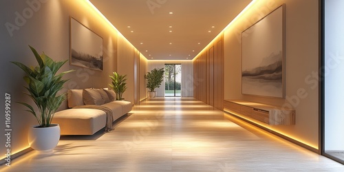A beautifully designed modern hallway with warm lighting, featuring elegant plants and minimalist artwork, creating a serene and inviting atmosphere.