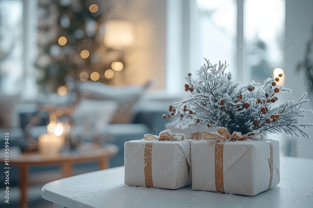 Elegant Presents in Snow on White Table Elegant Presents in Snow on White Table