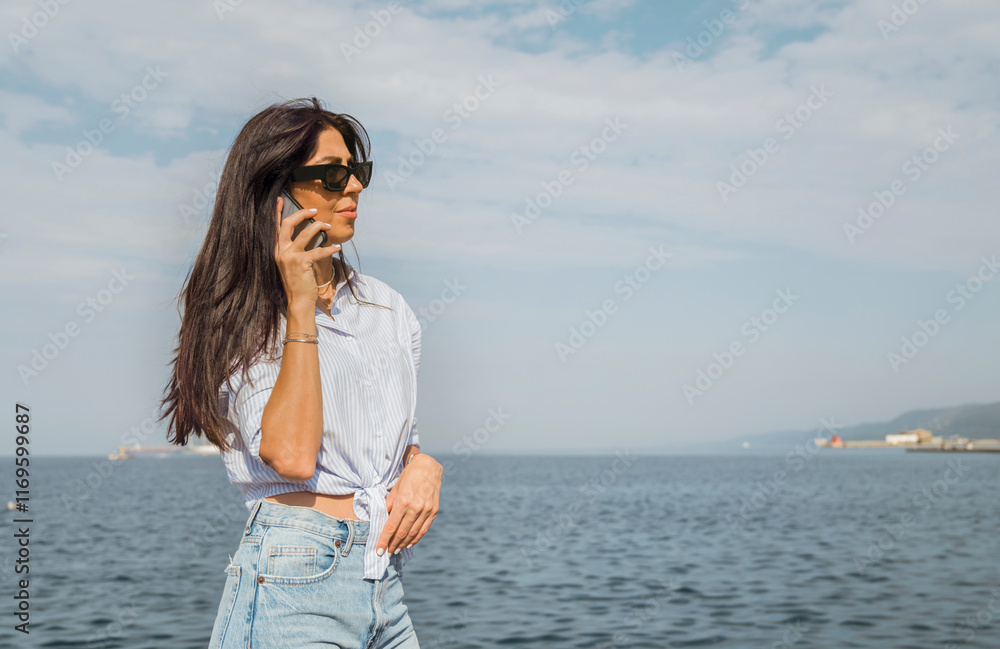 Beautiful young woman talking on the phone on a sea background in Italy Beautiful young woman talking on the phone on a sea background in Italy