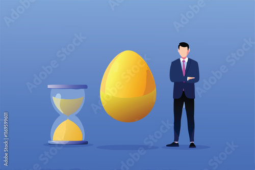 An illustration of a businessman standing with a golden egg and an hourglass, representing retirement planning.