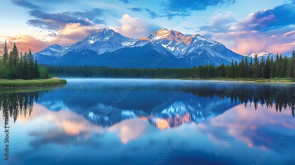 A peaceful mountain lake reflecting the surrounding snow-capped peaks at dawn A peaceful mountain lake reflecting the surrounding snow-capped peaks at dawn