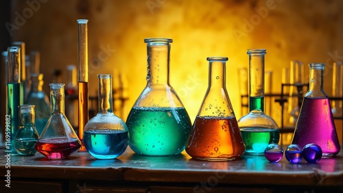 Colorful Chemistry Lab Glassware Flasks Erlenmeyer Beakers Test Tubes Science Experiment