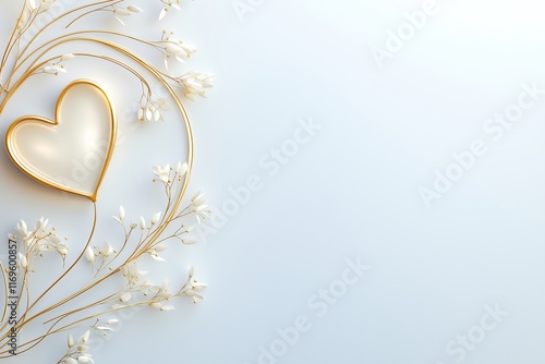 Valentine's Day background. Golden Heart With Delicate White Flowers and Curved Vines on Light Blue Backdrop. Elegant Design for Romantic, Wedding, or Celebration Themes. AI generated