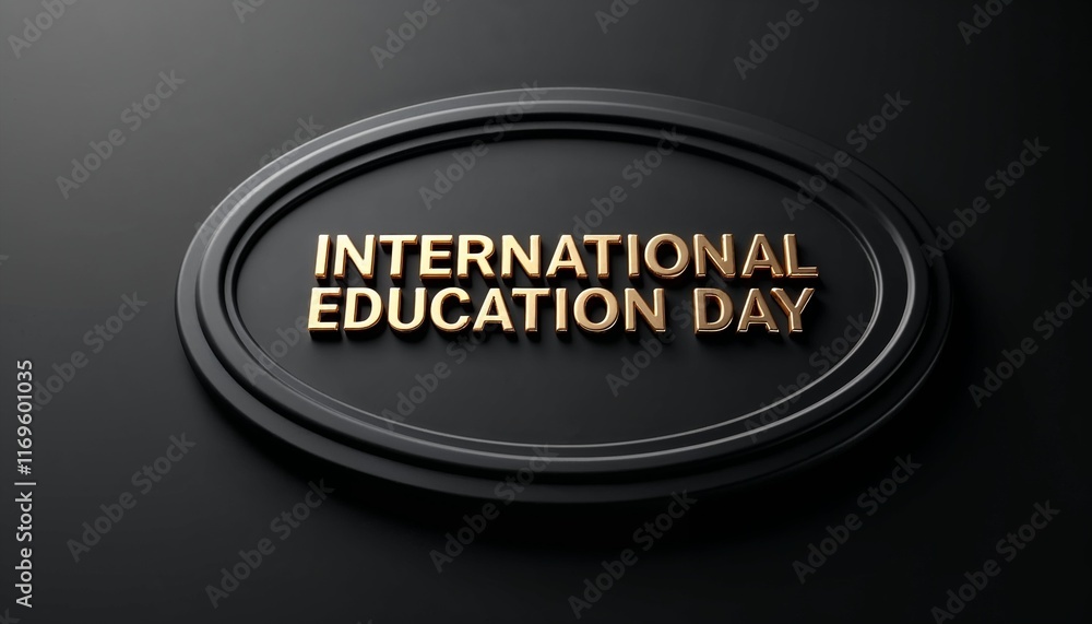 International Education Day golden text on black oval-shaped 3D embossed design International Education Day golden text on black oval-shaped 3D embossed design