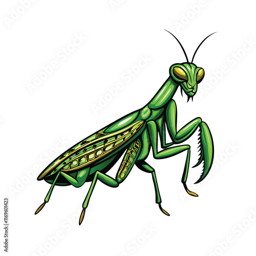 Side view vector illustration of a praying mantis with intricate details.