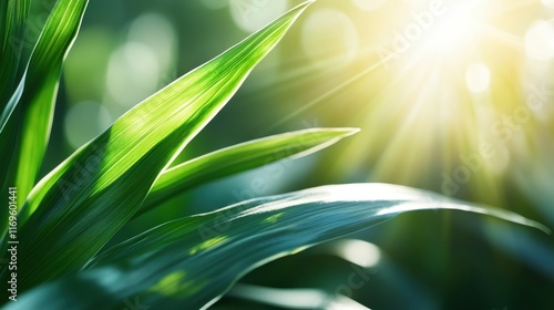 This image captures the elegance of green plants standing tall against a backdrop of radiant sunlight, evoking feelings of growth and peace in nature's embrace.