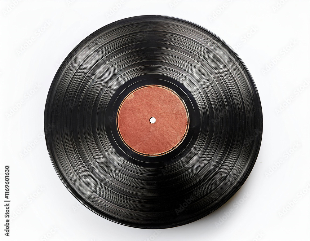 A classic worn black vinyl record with a brown label is displayed on a white background. A classic worn black vinyl record with a brown label is displayed on a white background.