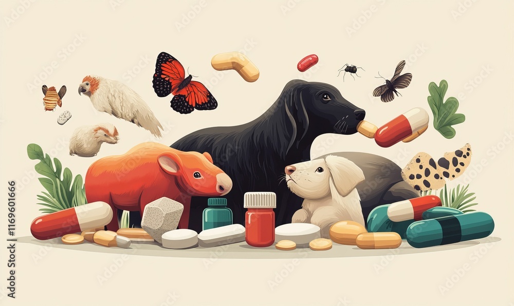 Obraz premium Animals, pills, insects, plants; a vibrant scene.