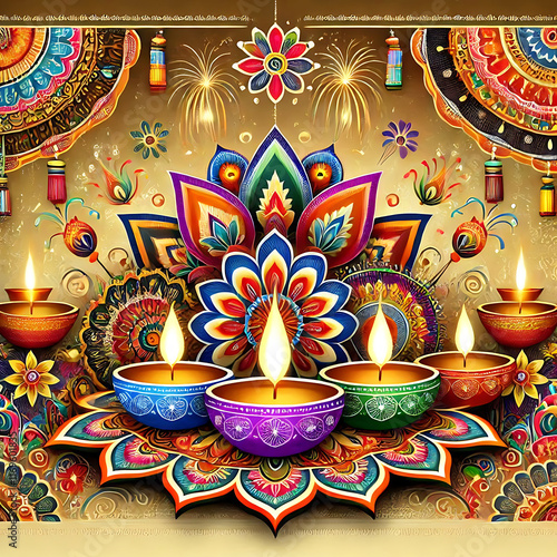 Happy Diwali festival with oil lamp, Rangoli decoration with Diya, Diwali holiday Background with rangoli, Diwali celebration greeting card,vector.
 photo