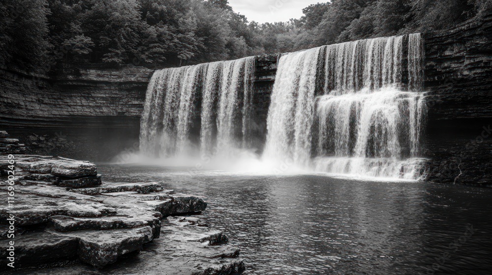 Majestic Waterfall Cascading Over Rugged Rocks and Lush Forest Majestic Waterfall Cascading Over Rugged Rocks and Lush Forest