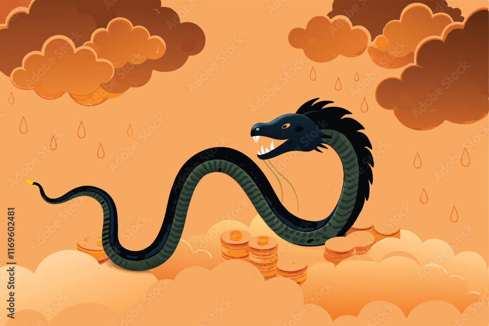 Obraz premium A black snake with a dragon head slithering through a dragon-shaped cloud with orange rain falling from the cloud above.