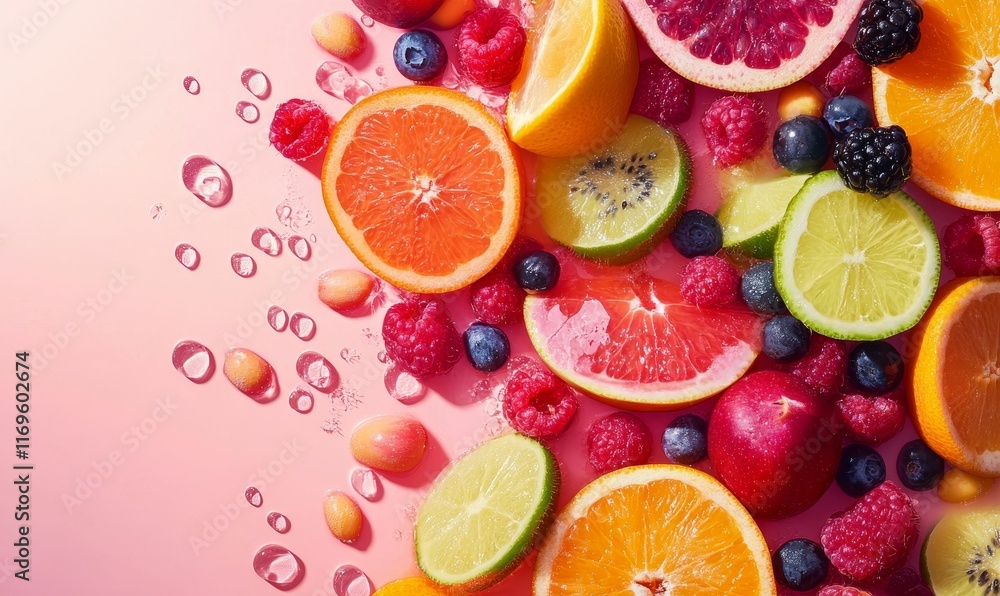 Citrus, berries, and kiwi slices on pink. Citrus, berries, and kiwi slices on pink.