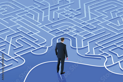 A businessman stands in front of a complex maze, symbolizing the challenges and obstacles in solving a difficult business problem.