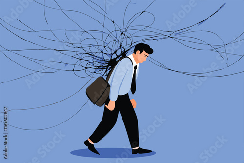 A businessman walks with his shoulders slumped, burdened by a web of lines, representing stress and anxiety from work difficulties.