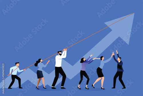 Illustration of a team of diverse colleagues working together to pull an arrow up, symbolizing growth and success through collaboration.