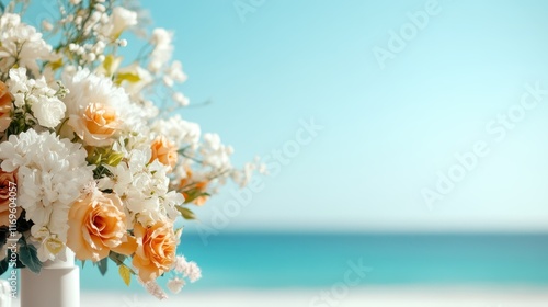 This stunning romantic floral art display overlooks the beautiful seaside, filled with fresh blooms creating a perfect ambiance for weddings or special events near the ocean. photo