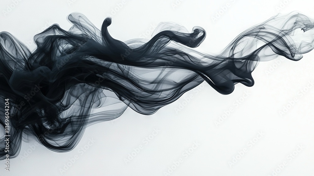 A black smoke swirls in the air on a white background, reflecting light at the bottom A black smoke swirls in the air on a white background, reflecting light at the bottom