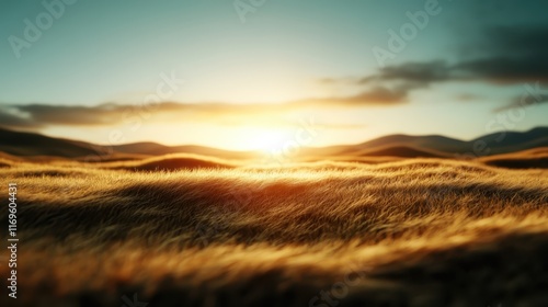 This image displays golden fields basking under a majestic sunset, evoking a warm and peaceful feeling while showcasing the stunning beauty of nature and its landscapes. photo